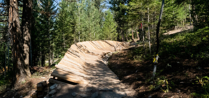 A wood berm exit on the Benchlands Drop Park. A new addition to the Benchlands Bike Park